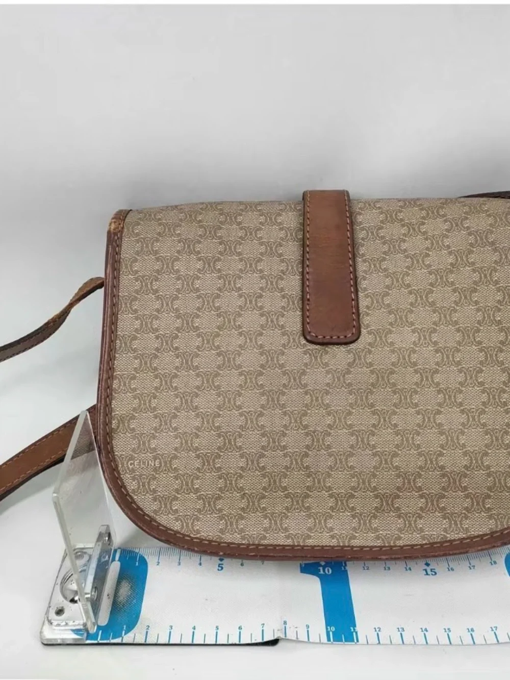 Celine Beige Monogram Canvas Crossbody with Brown Leather Trim